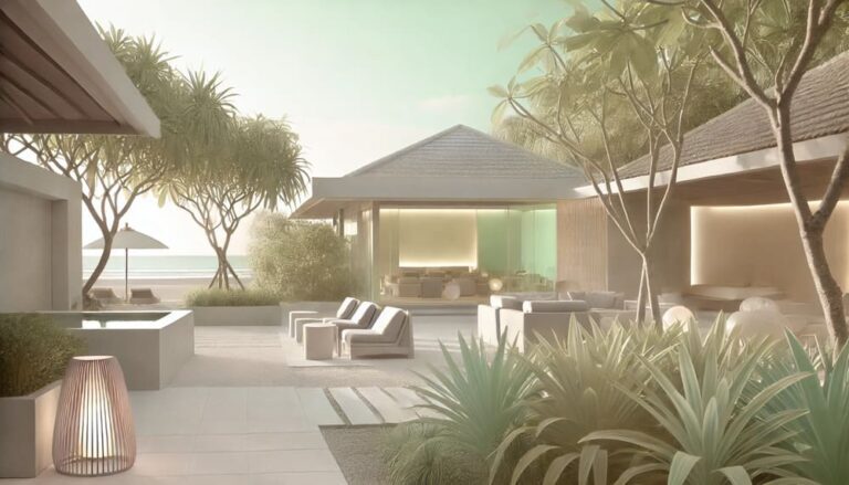 Luxurious spa and wellness center in Uluwatu with minimalist architecture and tropical beach backdrop.