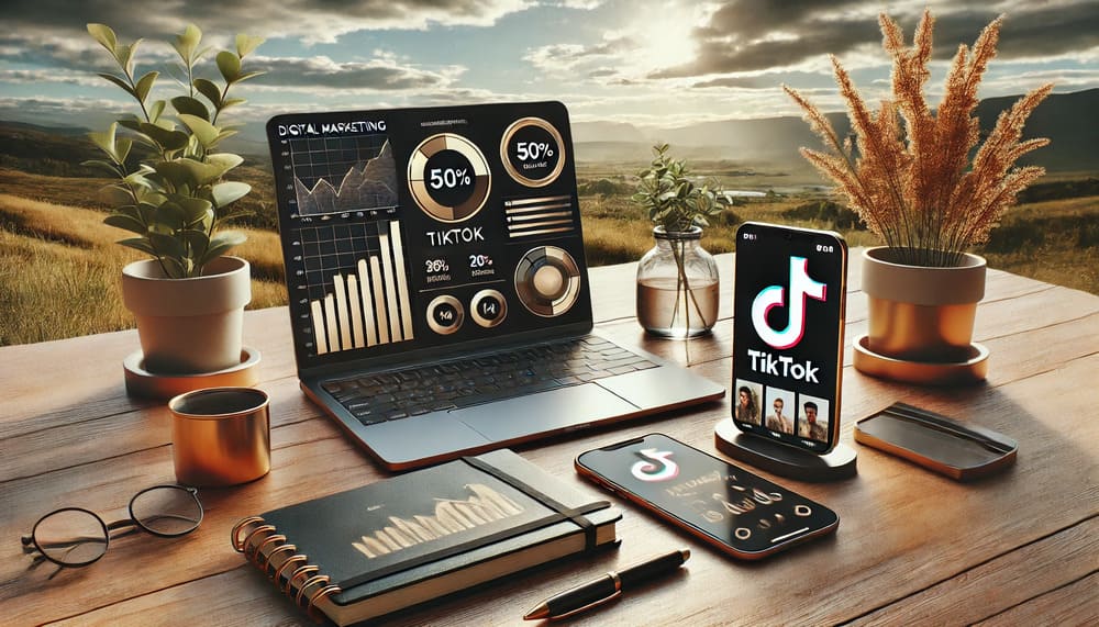 Digital marketing setup with TikTok analytics displayed on a laptop and TikTok videos on a smartphone, set on a professional desk with a natural background