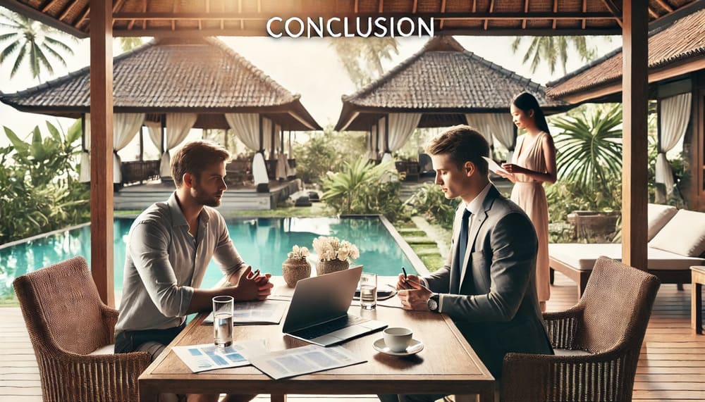 A business meeting at a tropical villa in Bali, where a foreign investor and local staff discuss rental strategies on the terrace.