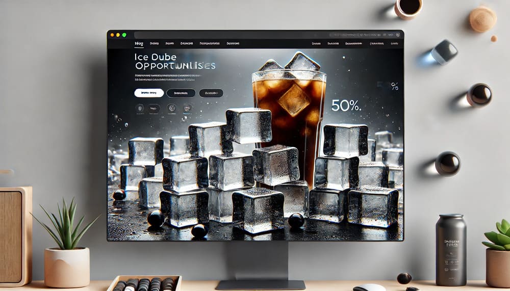 Header image showing various shapes and sizes of ice cubes in a modern setting for a blog about ice cube business opportunities in Indonesia