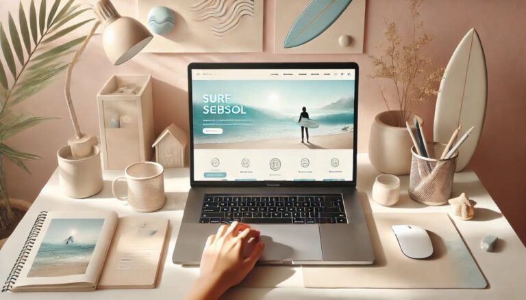 Seorang pengembang web sedang bekerja di laptop dengan tampilan website surf school yang responsif. Lingkungan kerja yang tenang dengan elemen bertema pantai, menggunakan warna pastel lembut seperti biru muda dan beige.