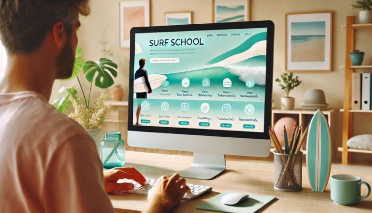 Seorang desainer web sedang bekerja di lingkungan profesional, merancang website untuk surf school dengan layout minimalis dan warna pastel lembut seperti biru muda dan beige.