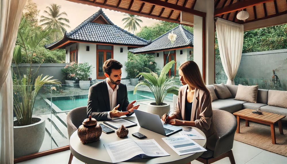 A foreign investor discussing business documents with a local notary on an outdoor terrace of a Bali villa, surrounded by tropical plants.