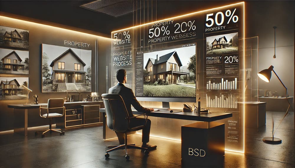 A professional workspace showcasing property website development services for a property business in BSD, featuring a modern office environment with computer screens displaying real estate listings in a clean black and gold theme