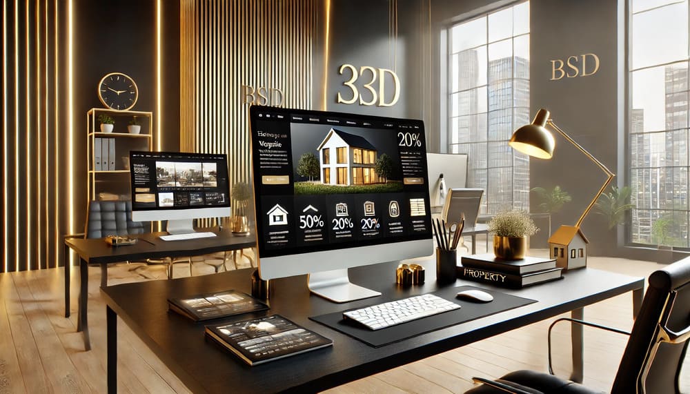 A sleek workspace representing the process of developing a property website for a business in BSD, with a clean black and gold color scheme, showing a developer at work on a property website interface