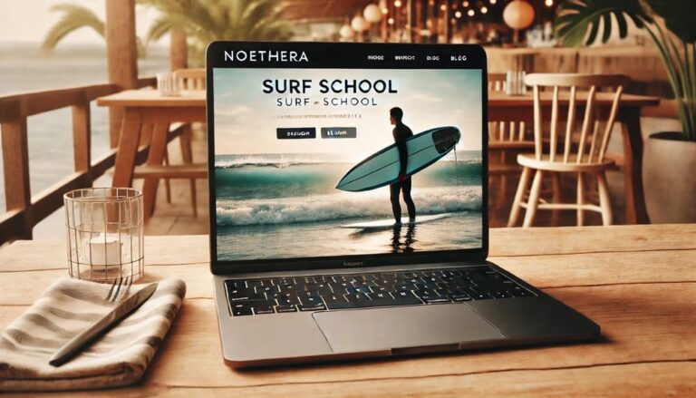 Blog cover image in Noethera style showing a surf school website on a laptop with a clean beach background, designed for a blog about surf school website optimization