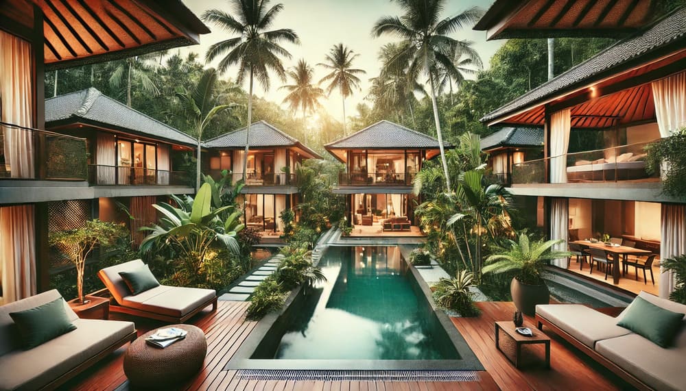 A luxurious villa in Bali with a serene pool, surrounded by lush greenery, perfect for business retreats.