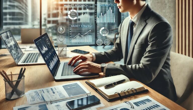 A clean and realistic image of a businessperson sitting at a modern desk, conducting market research with a laptop displaying charts and data, notebooks, and a smartphone in a well-organized, professional workspace with natural lighting.