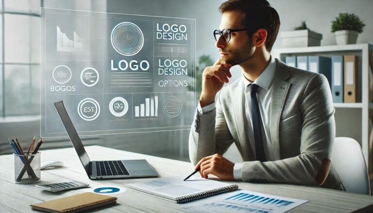 A clean and realistic image of a businessperson sitting at a modern desk, thoughtfully considering the importance of a business logo, with a laptop displaying logo design options, notes, and sketches on the desk in a well-organized workspace.