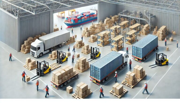 A clean and realistic image of a busy export operation in a warehouse, with workers loading boxes and containers onto pallets for international shipping. Shipping containers and trucks are visible in the background, creating a professional and organized atmosphere.