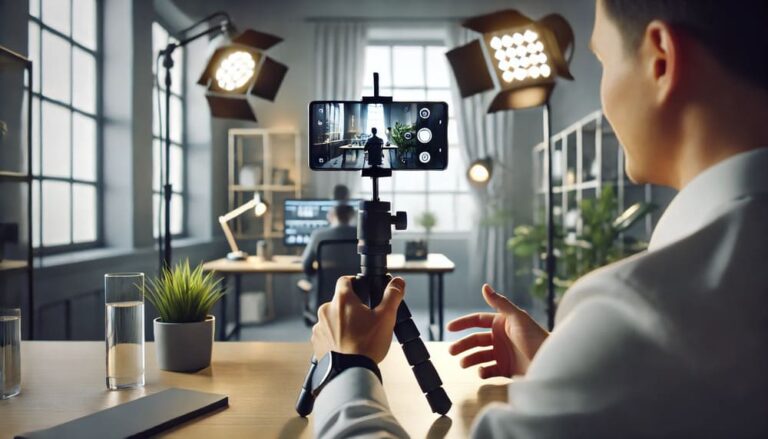 A clean and realistic image of a content creator filming a cinematic video with a smartphone in a modern, well-lit studio. The creator uses a tripod and professional lighting, with a minimalist desk setup and natural light filling the room