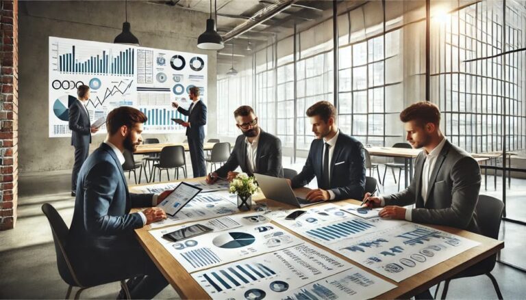 An elegant and professional image showing business owners in a modern office setting, reviewing financial data on laptops and tablets with a blurred background and muted, sophisticated colors.