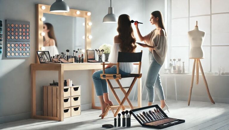 A realistic and clean image of a makeup artist's workspace in a modern studio. A makeup artist is carefully applying makeup to a client, with makeup products, brushes, and palettes neatly arranged on a table. The scene is bright and professional with natural lighting.