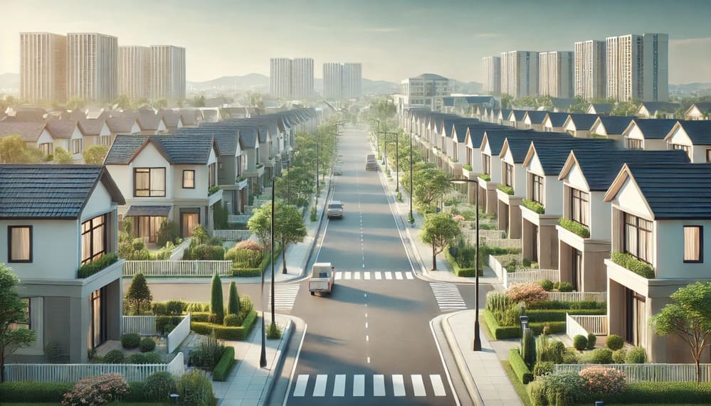 A clean and realistic image of a modern suburban neighborhood in BSD City, featuring rows of affordable houses with well-maintained gardens, clean streets, and bright natural lighting, capturing a peaceful residential area.