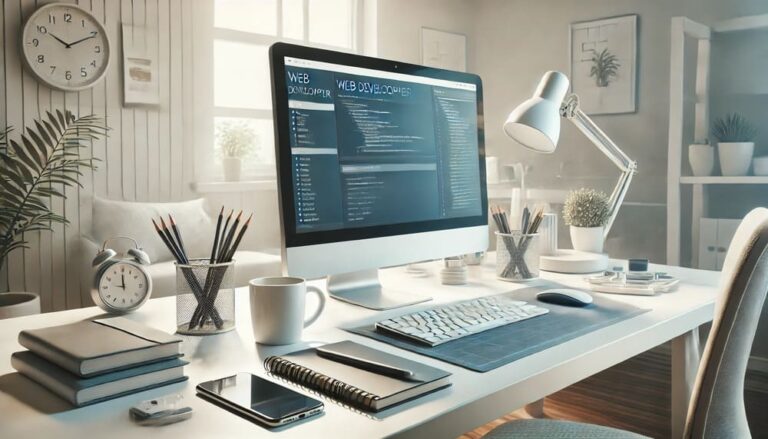 A clean and realistic image of a modern workspace where a website developer is working on a desktop computer, with web development tools displayed on the screen. The desk includes a smartphone, coffee cup, and notebooks, creating a professional and focused environment.