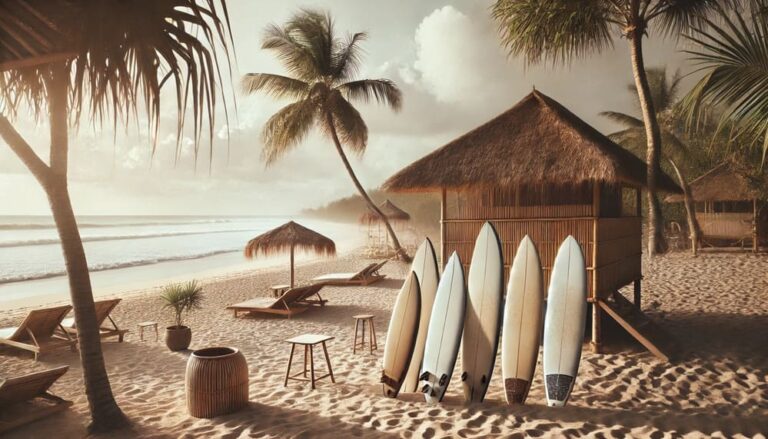 A clean and natural image of a surf school on a Bali beach, with soft earthy tones, bamboo huts, and surfboards standing upright in the sand. Palm trees sway gently in the background with a calm ocean and clear sky, creating a peaceful tropical vibe