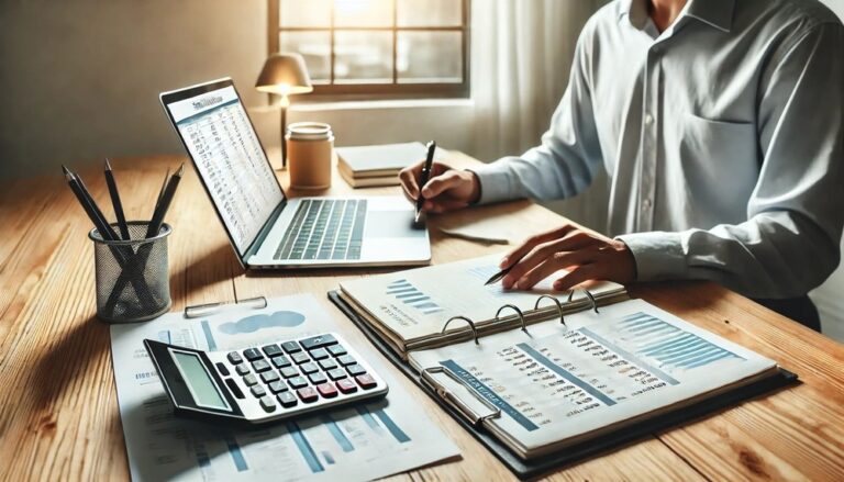 A clean and realistic image showing a small business owner working on a financial expense plan with a laptop, notes, and a calculator in a neat and organized workspace with natural lighting.