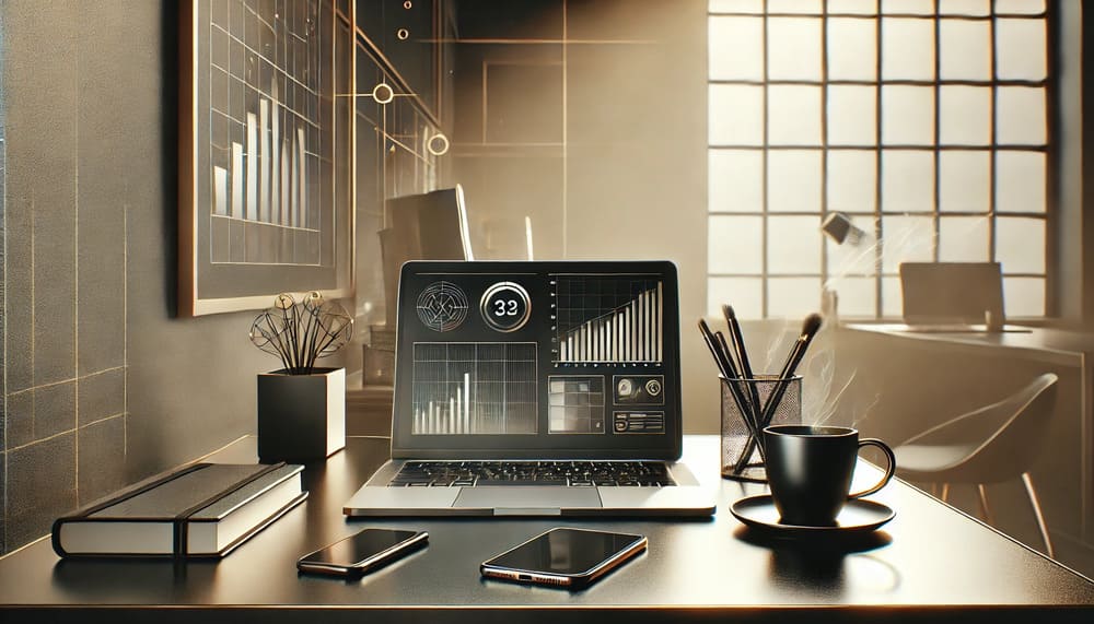 A clean and professional digital marketing workspace featuring a laptop, phone, and coffee cup on a black desk with gold accents. The scene is minimalist with natural light coming through a large window, creating a sleek, modern, and uncluttered look