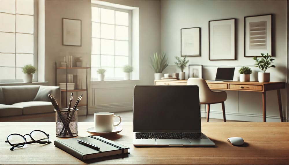 A minimalist home office setup featuring a laptop, notebook, and coffee cup on a clean desk with natural light coming through a large window in a simple, calm environment