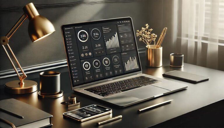 A clean and professional workspace featuring a laptop and smartphone on a black desk, displaying business apps for project management and financial tools, with gold accents and natural light.