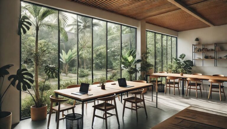 A modern and minimalist coworking space in Bali with natural light streaming through large windows, wooden desks, scattered plants, and a lush tropical view outside