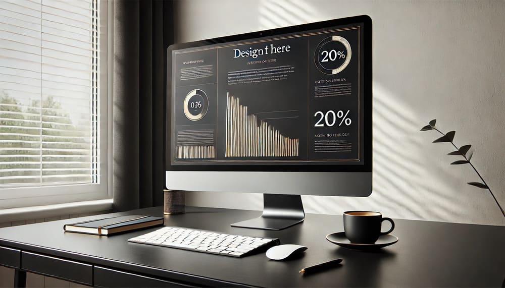 A minimalist workspace with a desktop computer displaying a PowerPoint template, a black desk with gold accents, and a coffee cup and notebook neatly placed, lit by soft natural light