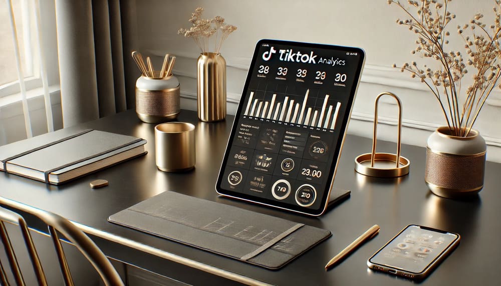 A modern minimalist workspace featuring a tablet showing TikTok analytics on a black desk with gold accents, creating a sleek and professional atmosphere with soft natural light