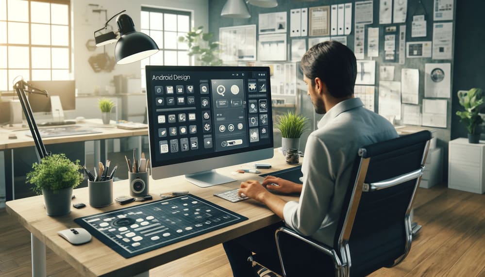 A realistic image of an app designer working on an Android app interface at a modern desk with a large computer screen displaying detailed design elements in a professional office setting