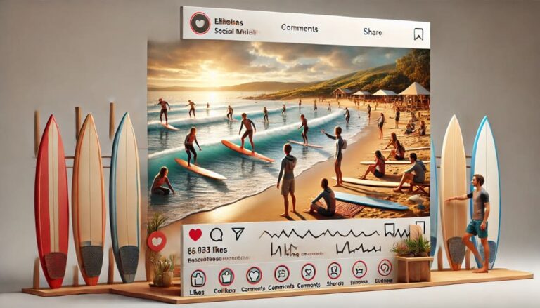 A highly realistic social media post showing surf lessons and camp activities with natural colors, featuring students learning to surf, instructors, and engagement stats rising