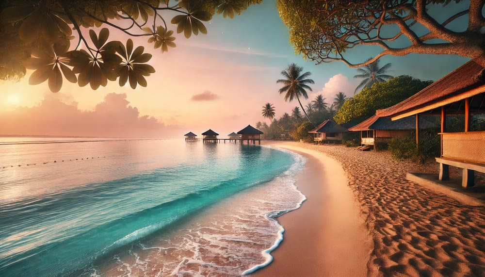 A peaceful tropical beach in Bali during sunrise, featuring calm blue waters, soft sandy shores, palm trees in the distance, and a gradient sky of orange and pink tone