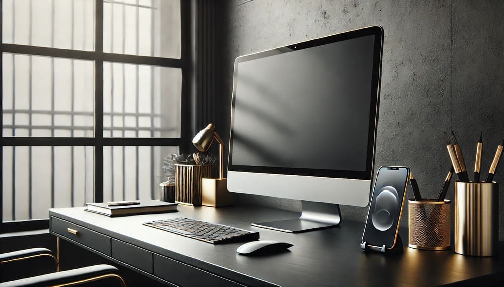  A sleek and modern office desk setup with a desktop computer, smartphone, and gold-accented decor on a black desk. The workspace is minimalistic with natural light from a window, creating a professional and clean atmosphere