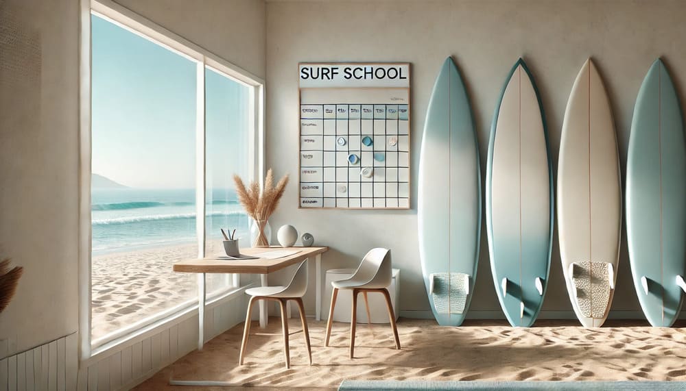 A serene surf school environment with surfboards and a planning board for scheduling lessons, set near the beach with soft natural lighting and calming colors.