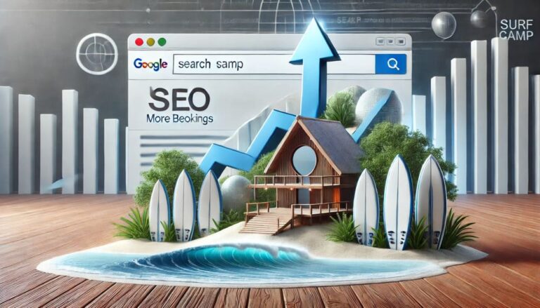 A realistic image of a surf camp website climbing to the top of a search results page, with upward arrows indicating growth and success through SEO optimization