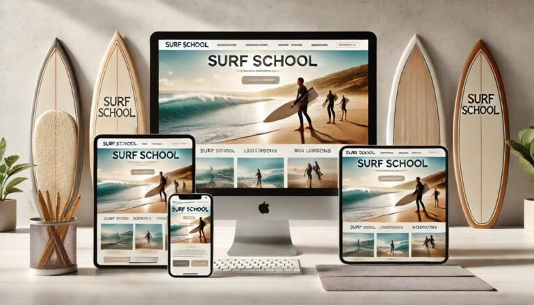 A realistic image of a surf school website displayed on mobile, tablet, and desktop screens, showing the same seamless, responsive design with surf lessons and booking options visible